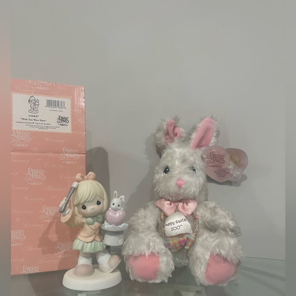 Precious moments figurine and stuffed bunny